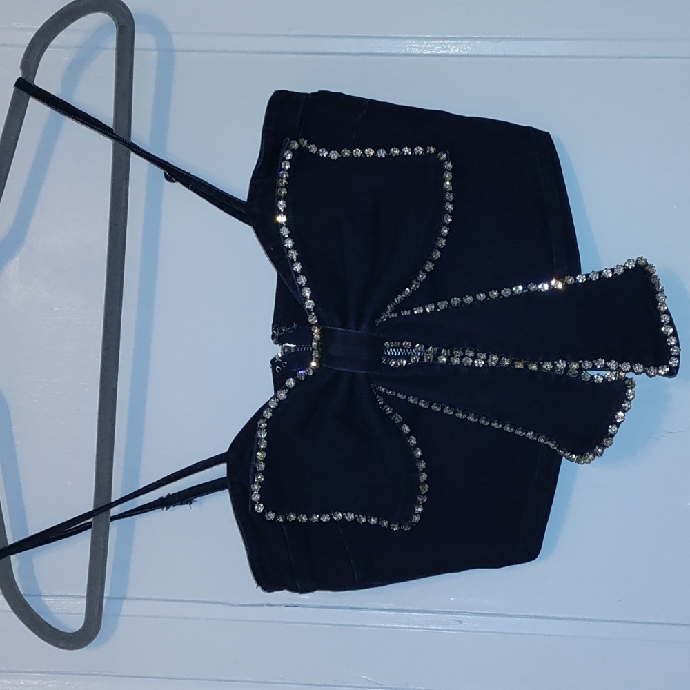 Embellished Denim Bow Crop Top